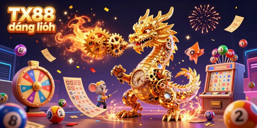Experience TX88 đăng nhập with a dynamic illustration of a biomechanical golden dragon amidst a vibrant casino scene.
