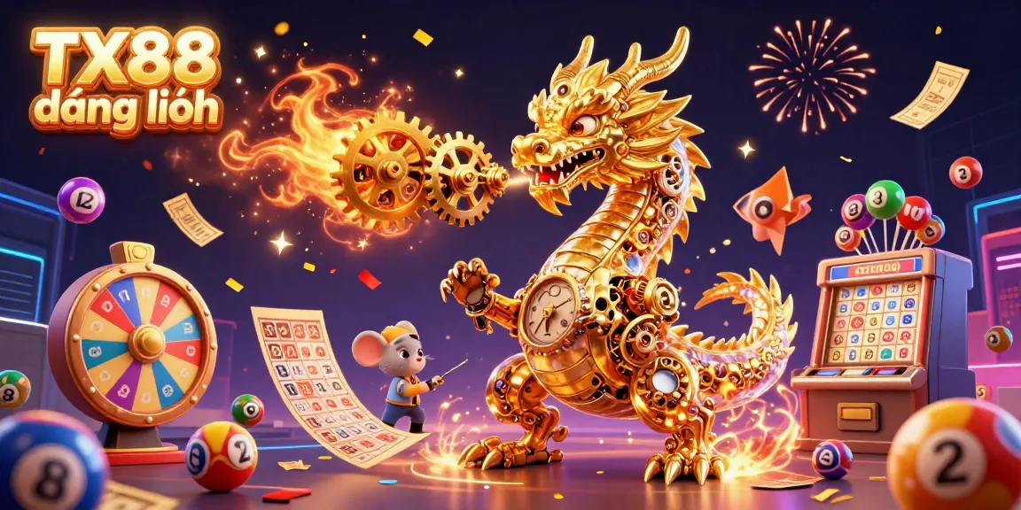 Experience TX88 đăng nhập with a dynamic illustration of a biomechanical golden dragon amidst a vibrant casino scene.