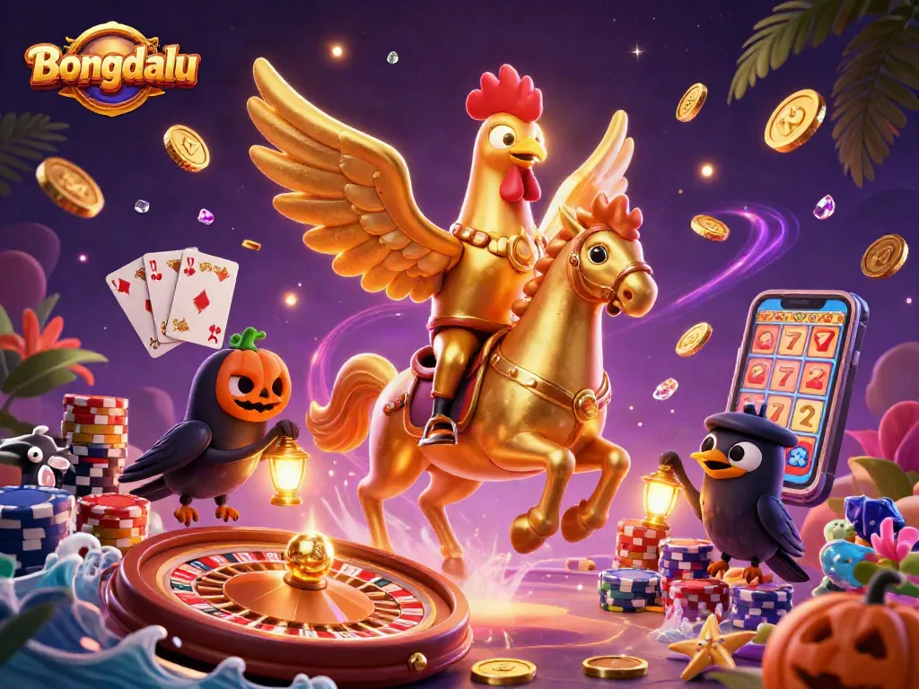 Bongdalu showcases a dynamic midnight casino scene featuring a golden rooster riding a spectral horse, immersed in a whirlwind of icons and treasures.