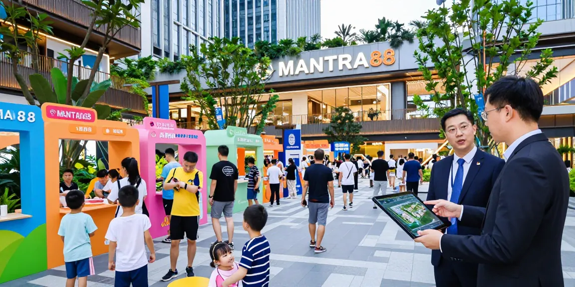 Families enjoying the vibrant atmosphere of MANTRA88, a modern entertainment complex, highlighting commercial property opportunities.