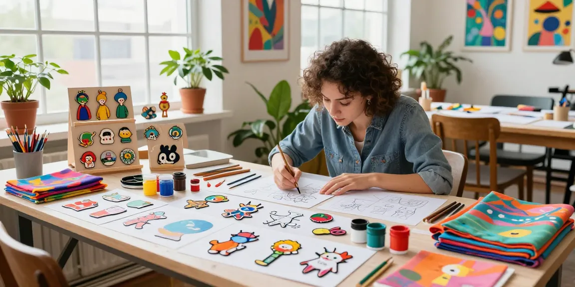 Custom enamel pins displayed in a vibrant creative studio, showcasing handmade designs and crafting tools.