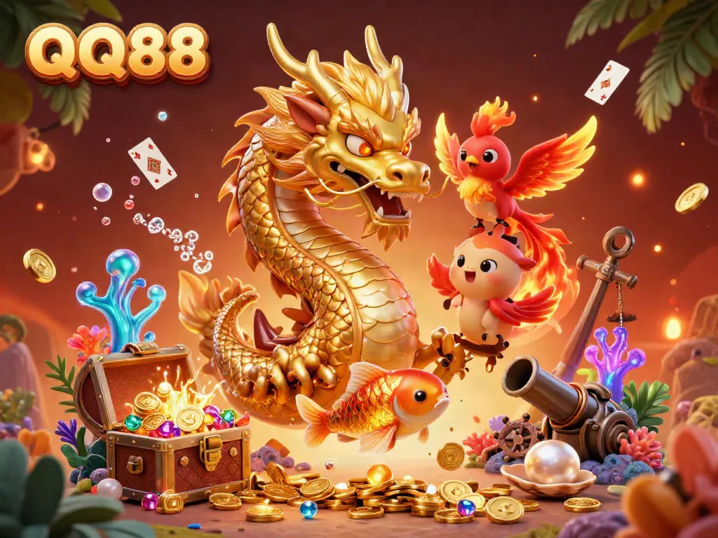 Experience the thrilling action of QQ88 as a dragon coils amidst coins and games, capturing the essence of online betting.