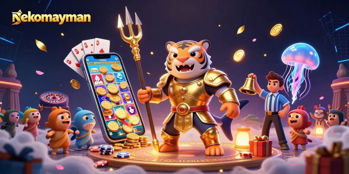 Neko May Mắn players spin jackpots with engaging visuals in 3D casino setting.