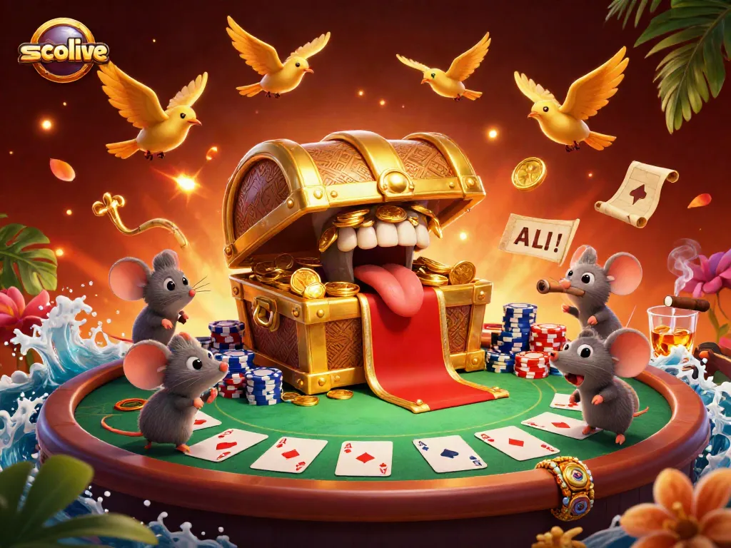 Socolive engages players with eye-catching 3D illustration of a treasure chest surrounded by poker elements in a vibrant casino scene.