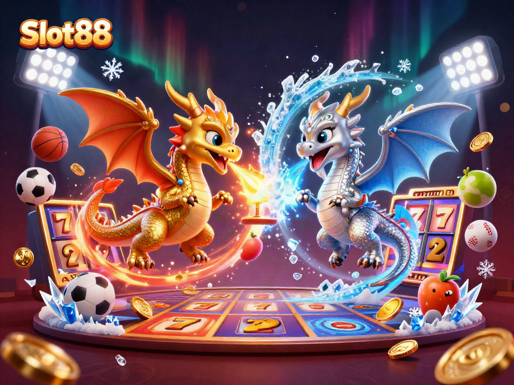Meraih kemenangan dengan Slot88, ilustrasi 3D slot yang menarik dengan naga dan elemen kasino lainnya.