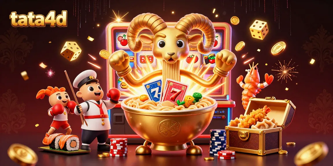 Tata4d energizes players with a scene of a winning giant ramen bowl and dynamic casino elements.