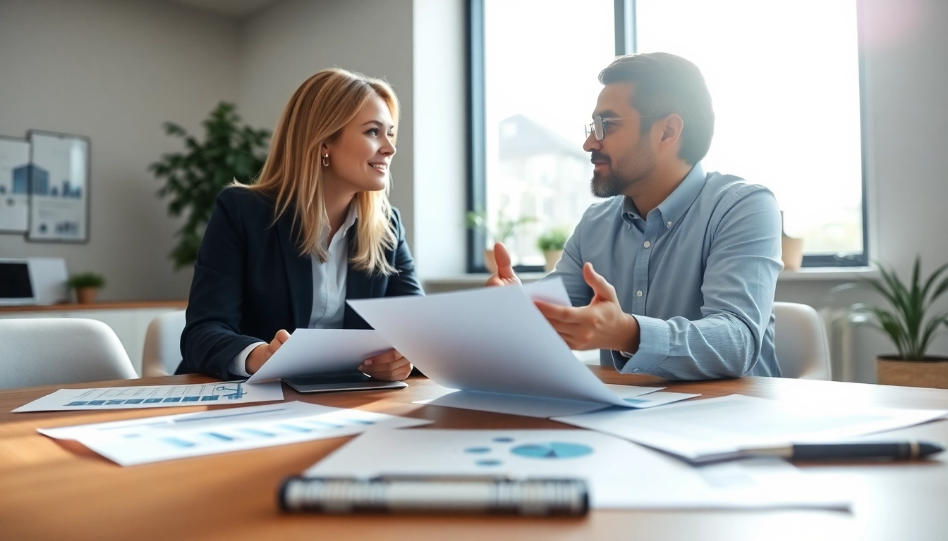 Engaging title insurance services consultation between an agent and a homebuyer in a modern office.
