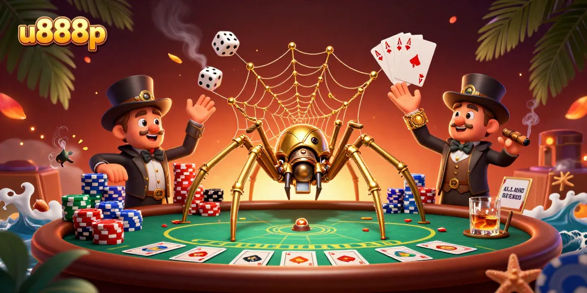Win big at u888p with this vibrant casino scene featuring a steampunk spider and poker elements.