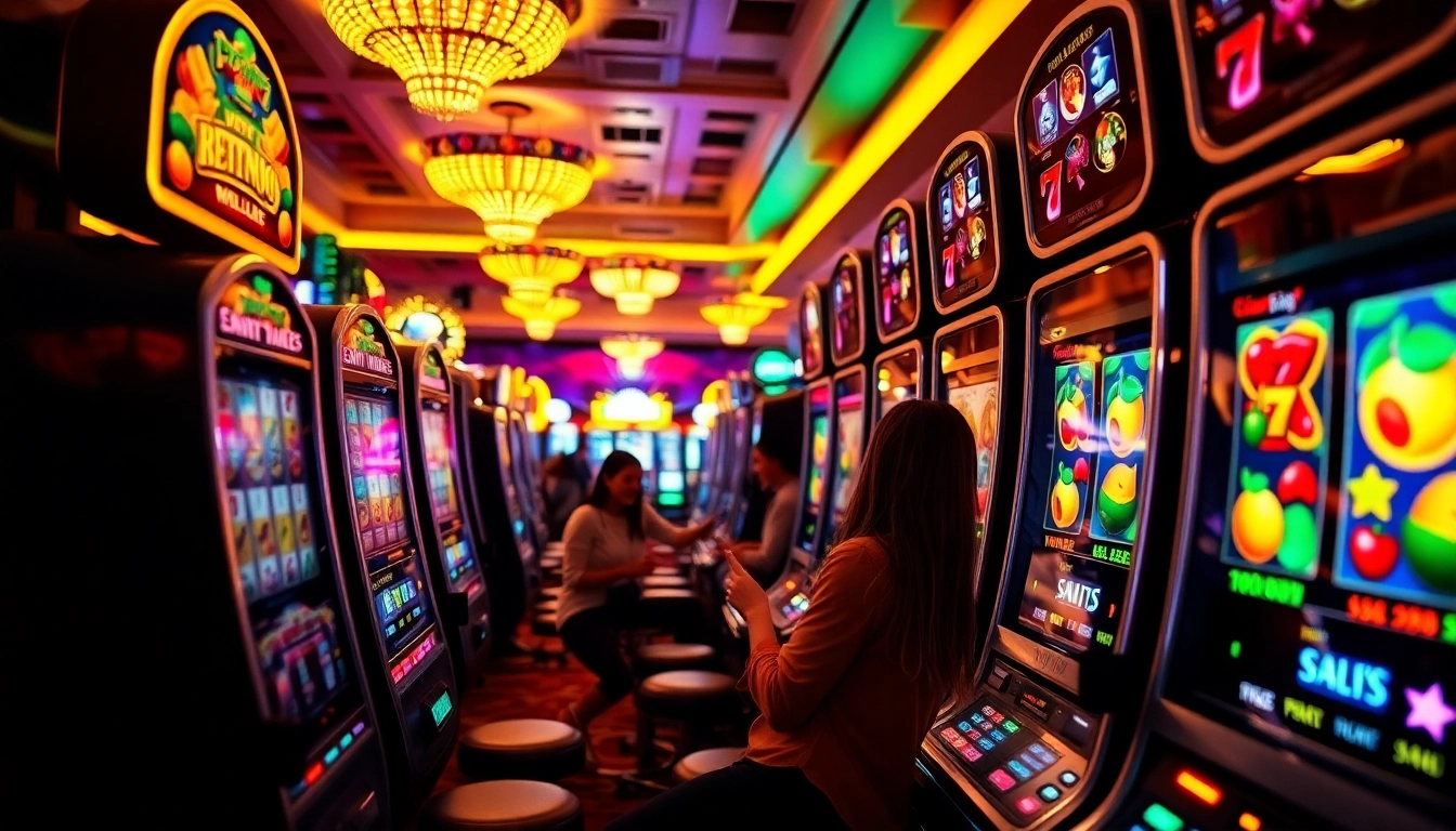 Exciting slot gambling scene featuring colorful slot machines and eager players in a casino.