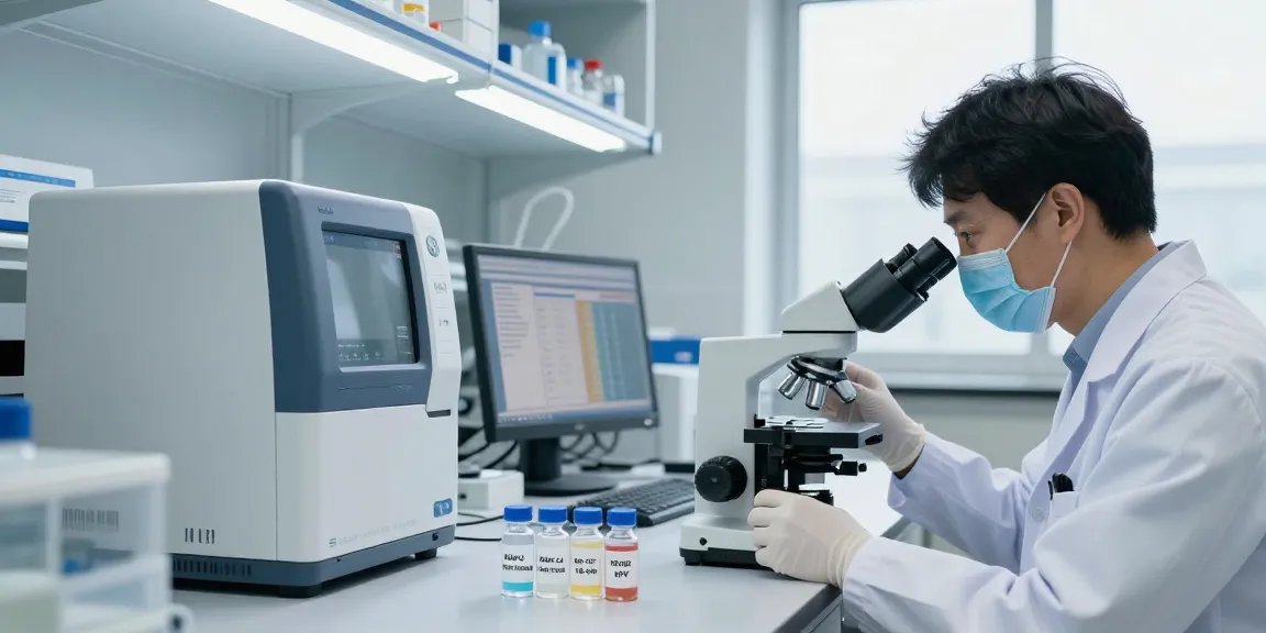 Research peptide stack analysis in a professional lab setting, featuring Klow Peptide Stack with GHK-Cu, BPC-157, TB-500, and KPV.