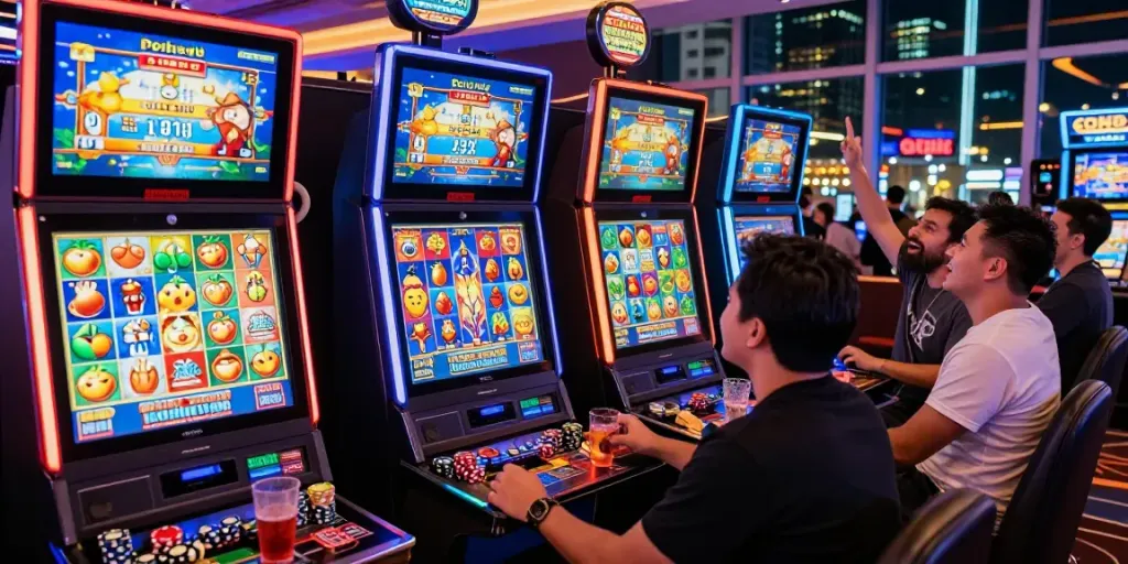 Exciting สล็อตเว็บตรง gaming scene in a busy casino with colorful slot machines and happy players.
