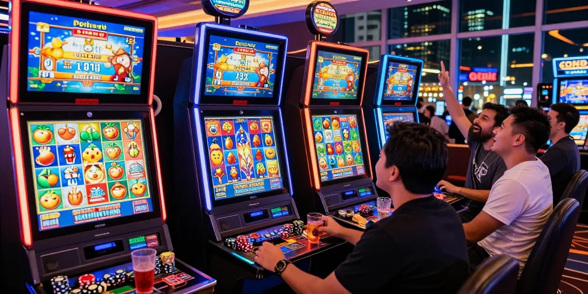 Exciting สล็อตเว็บตรง gaming scene in a busy casino with colorful slot machines and happy players.