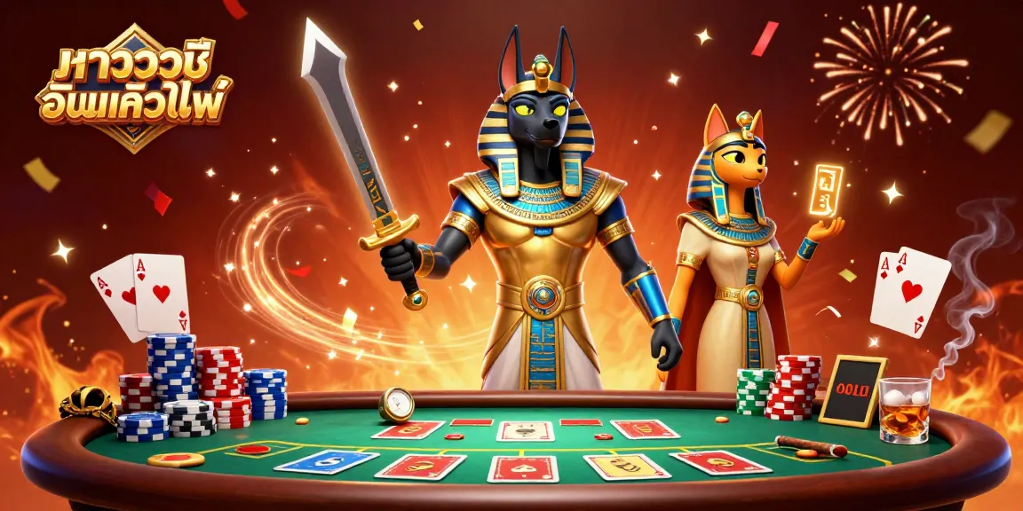 ภาพแสดงการอ่านเค้าไพ่บาคาร่าสไตล์โบราณพร้อมกับภาพประดับของ Anubis และ Bastet