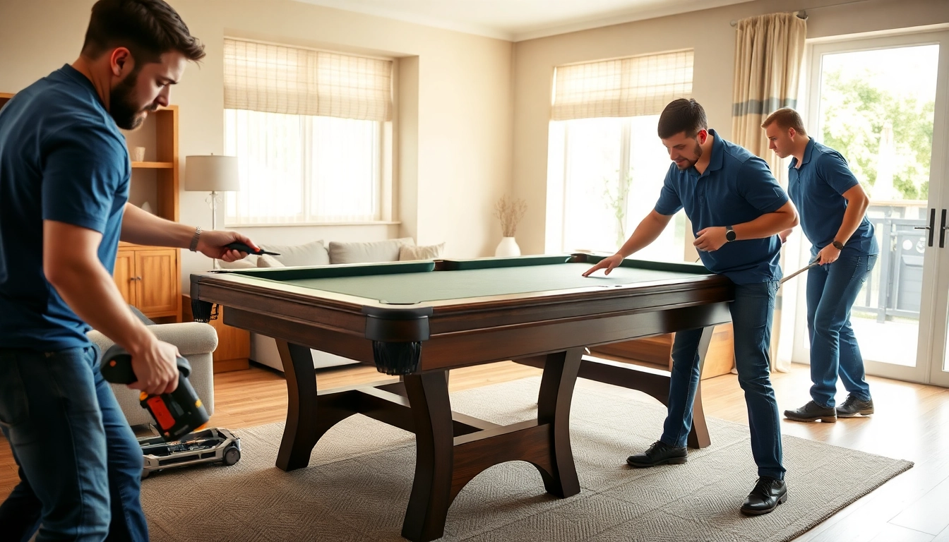 Efficient game table movers services disassembling a slate pool table with precision.