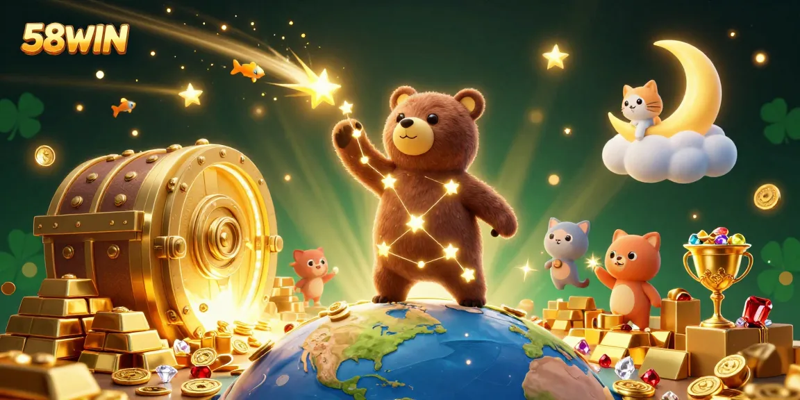 Engage with 58WIN's thrilling gaming world, featuring golden stars and dynamic treasure elements.