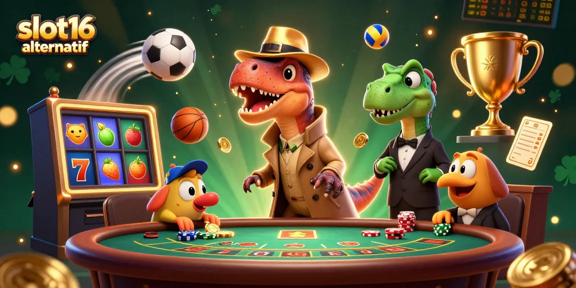 Engage with slot16 alternatif featuring a lively velociraptor and casino elements in a dynamic scene.
