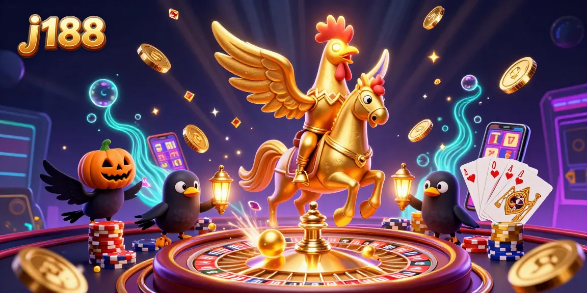 Join the j188 adventure with a golden rooster in a vibrant casino scene filled with treasures.