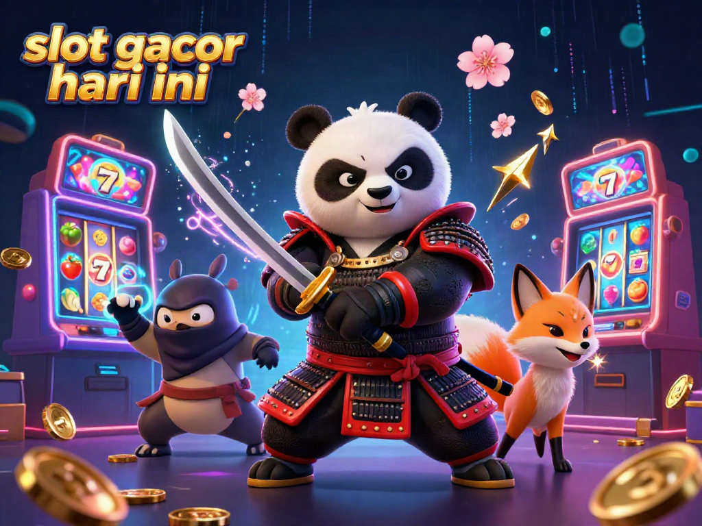 Gambarkan slot gacor hari ini dengan samurai panda dan ninja rubah di kasino penuhi slot mesin berkilau.