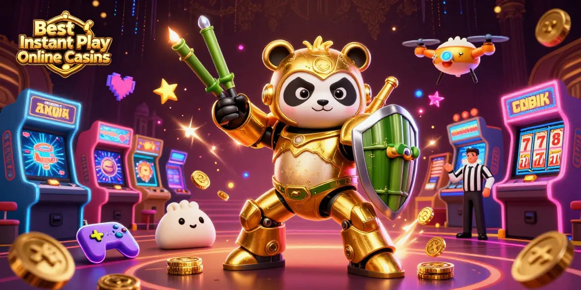 Experience the excitement of the Best Instant Play Online Casinos with our vibrant casino illustration featuring a mech-suit panda.
