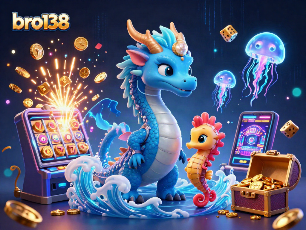 Engage with bro138's vibrant slot game scene featuring a dragon and jackpot explosion.