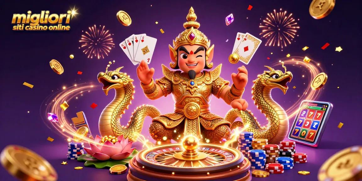Scopri i migliori siti casino online con un'illustrazione vivace e ricca di dettagli di giochi e fortune.