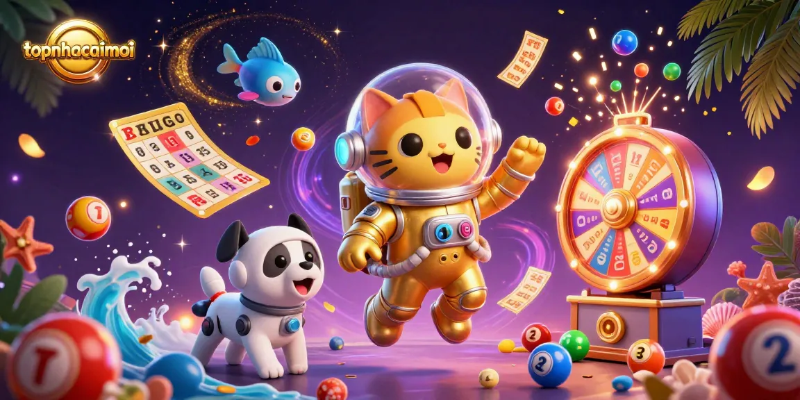 topnhacaimoi captures the excitement with a space cat, robot dog, and vibrant lottery elements.