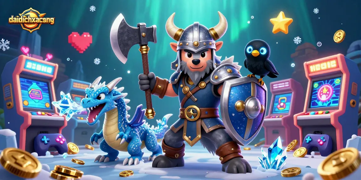 Engage in thrilling gameplay within daidichxacsong, showcasing a Viking wolf warrior, fierce dragon, and dynamic arcade elements.