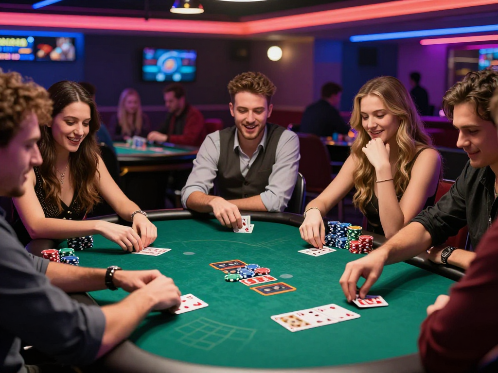 Delapan toto dimainkan dengan kegembiraan di meja poker dalam suasana kasino yang hidup.