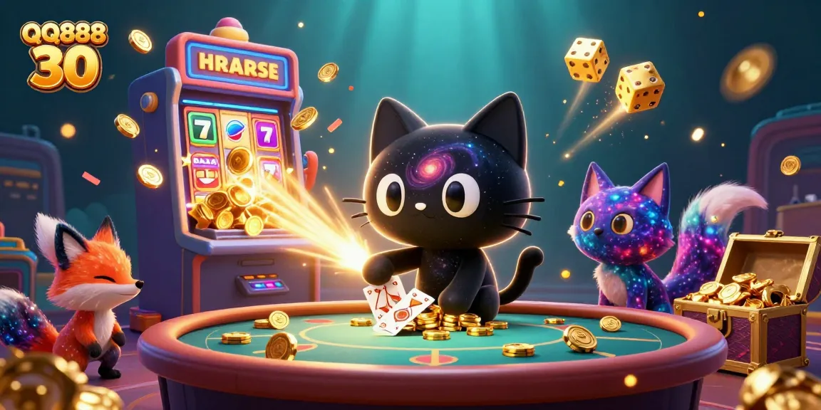 Win big with QQ888 30 at enchanting casino illustration featuring galaxies and golden chips.
