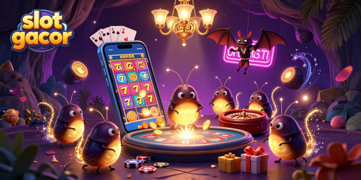 Win big with slot gacor in a vibrant 3D casino scene featuring cartoon glowworms.