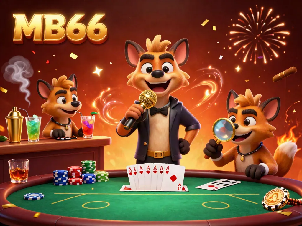 Experience the excitement at MB66 Casino with a lively illustration of hyenas in a comedic setting, mixing drinks and entertaining guests.