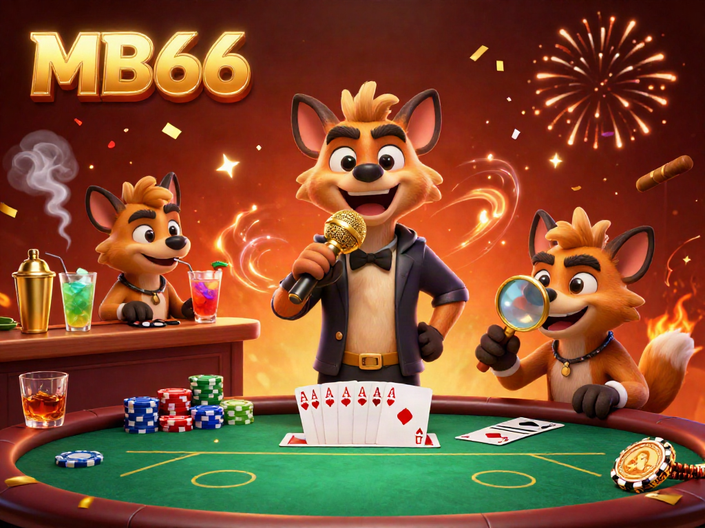 Experience the excitement at MB66 Casino with a lively illustration of hyenas in a comedic setting, mixing drinks and entertaining guests.