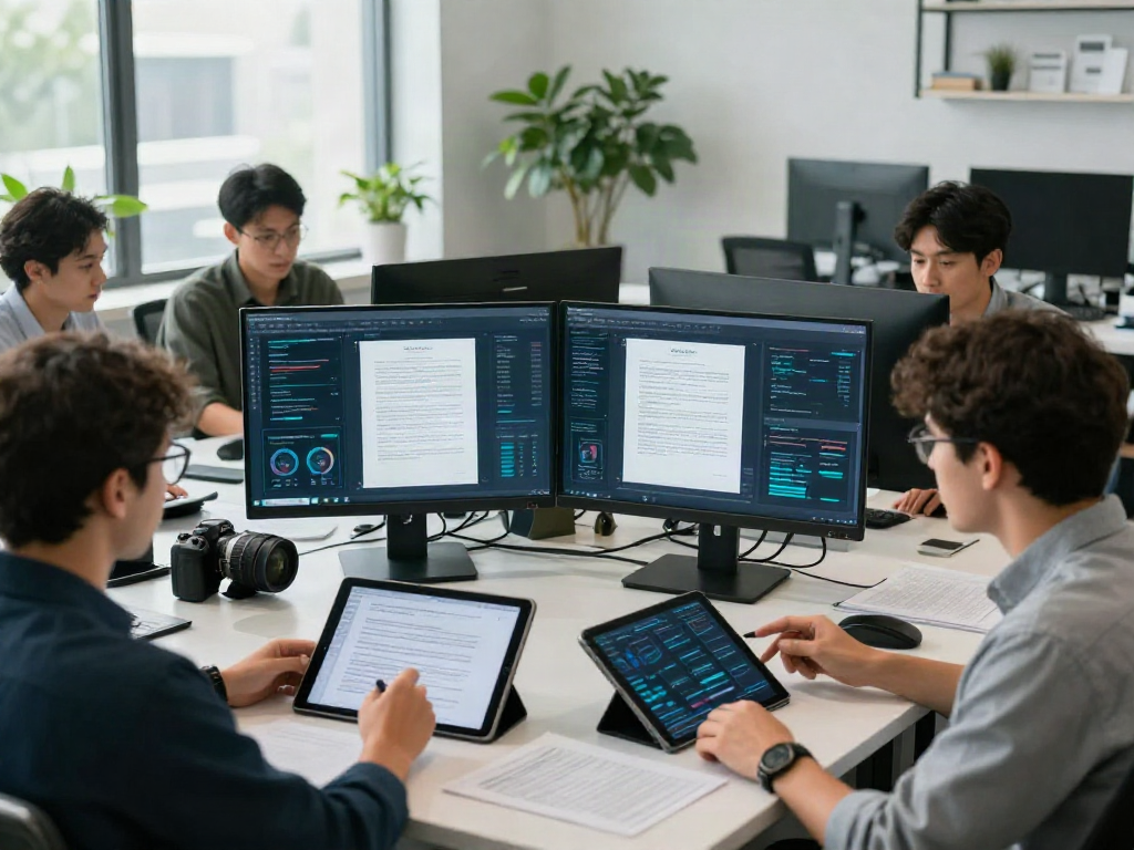 Innovative document fraud detection solution team analyzing digital documents in a professional office environment