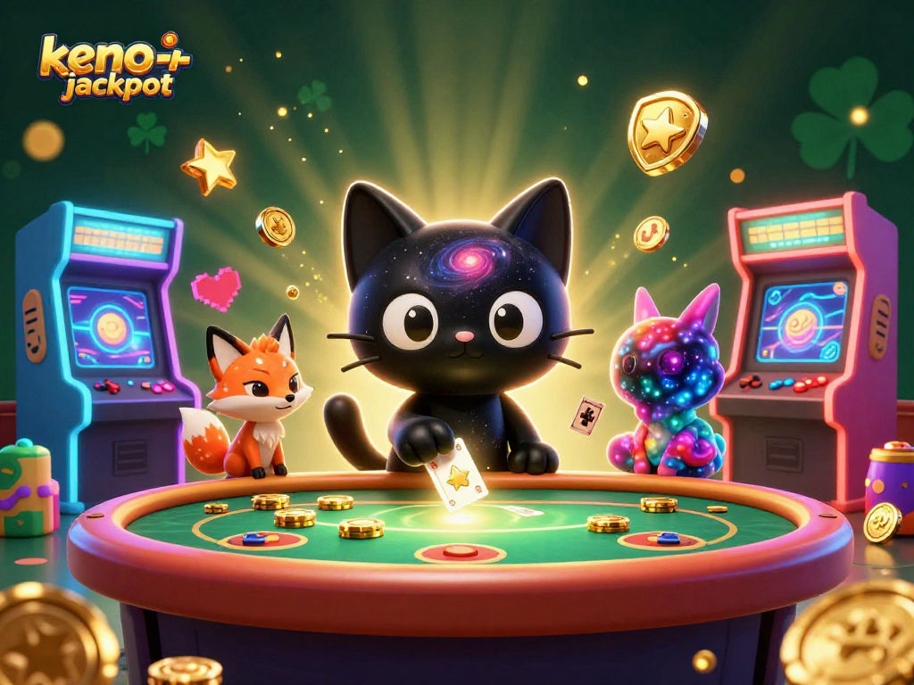 Engaging keno-jackpot scene featuring a cosmic cat at a casino table, enhancing the gambling experience.