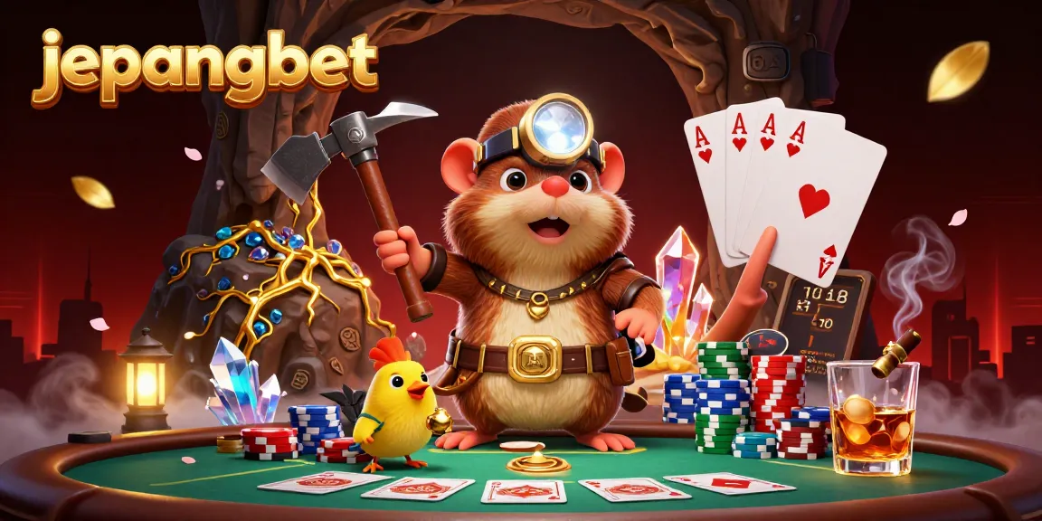 Engage with excitement at Jepangbet, featuring a treasure hunter mole amidst poker action.