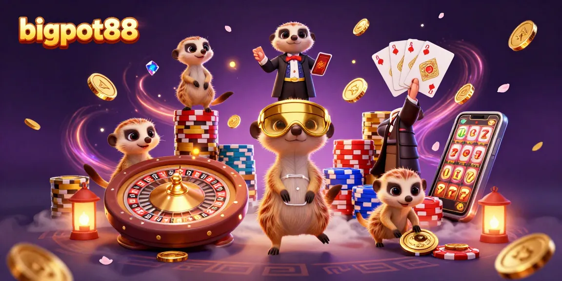 Experience the thrilling casino world at bigpot88 with playful meerkats enjoying card games and lucky spins.