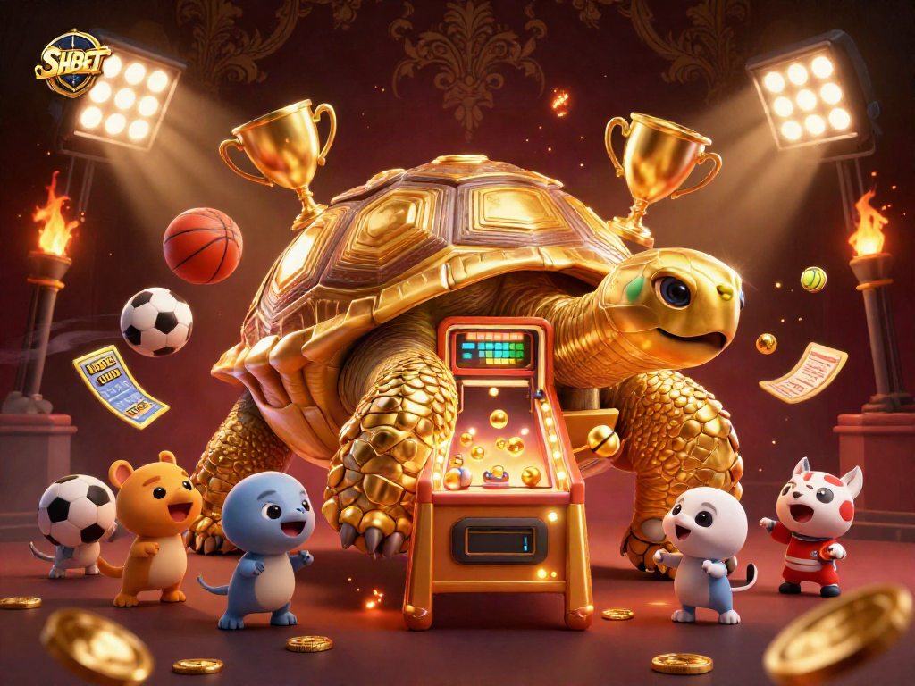 Engage with SHBET's vibrant gaming experience featuring a golden tortoise pinball machine.