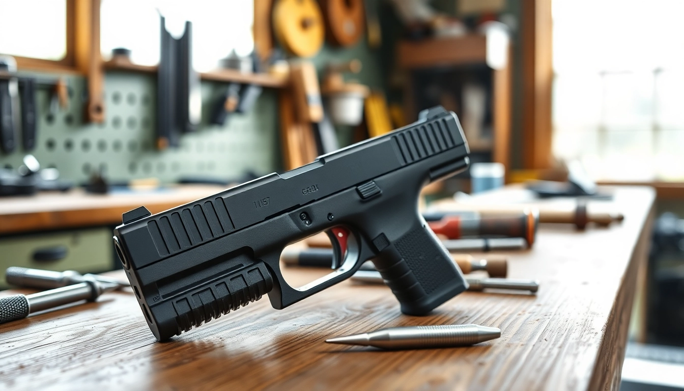 Showcasing a detailed Glock 19 Gen 3 slide in a craftsman's workshop with precision tools.