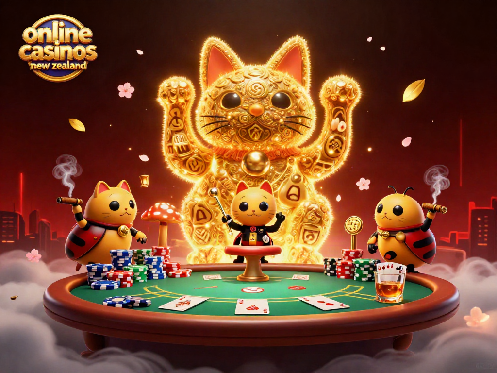 Play exciting games at online casinos new zealand with vibrant visuals of casino elements and lucky motifs.