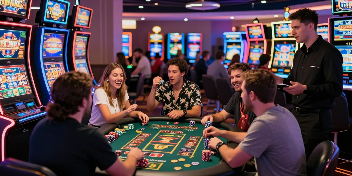 Players enjoying slot777 machines in a lively casino, celebrating wins in an exciting gambling atmosphere.