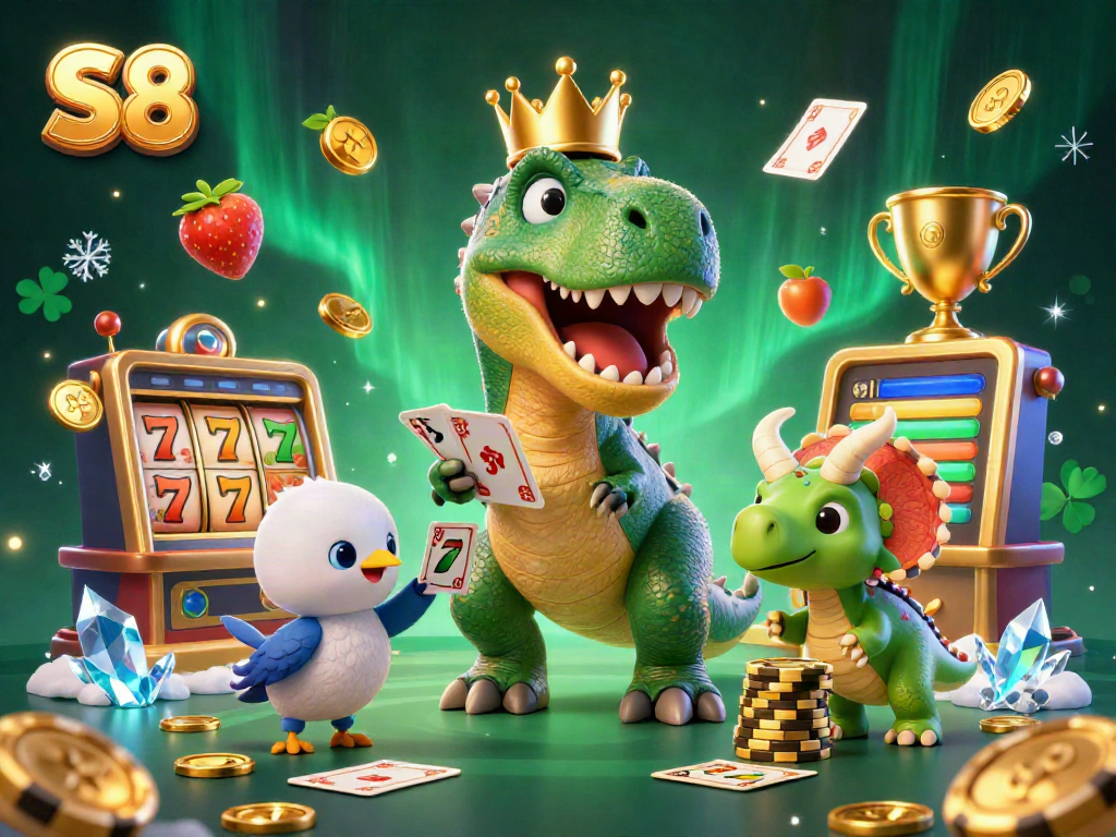 S8 casino scene featuring a T-Rex with a crown shuffling cards, gold coins, and slot reels in action.