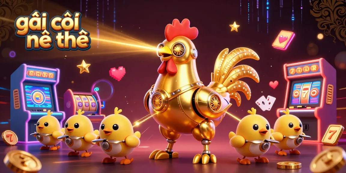 Engage with gái gọi cần thơ in this vibrant casino-themed illustration featuring a unique retro-futuristic golden rooster robot.