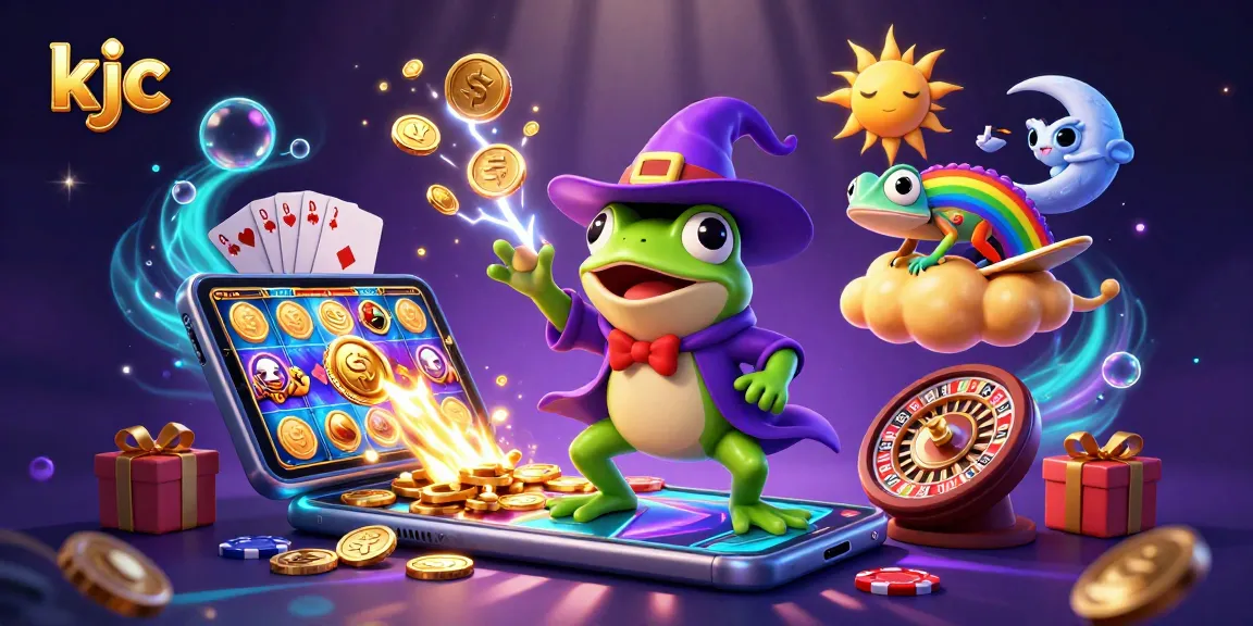 Experience the excitement of kjc with a 3D wizard frog and rainbow chameleon amidst casino elements.