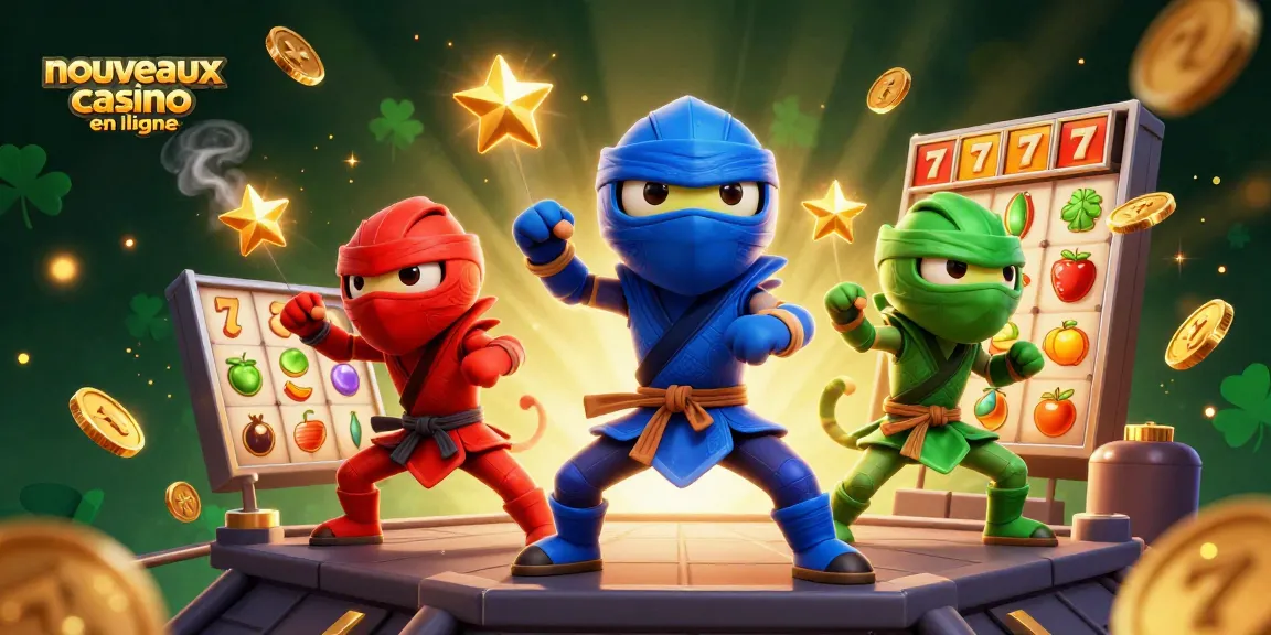 Découvrez les nouveaux casinos en ligne avec une scène dynamique de chameleons ninjas et des symboles de machines à sous.
