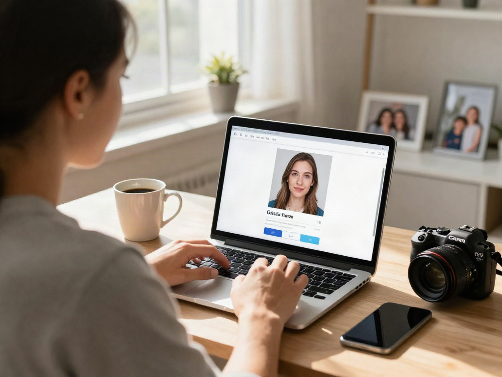 Individual testing attractiveness by uploading a photo online in a cozy home office setting.