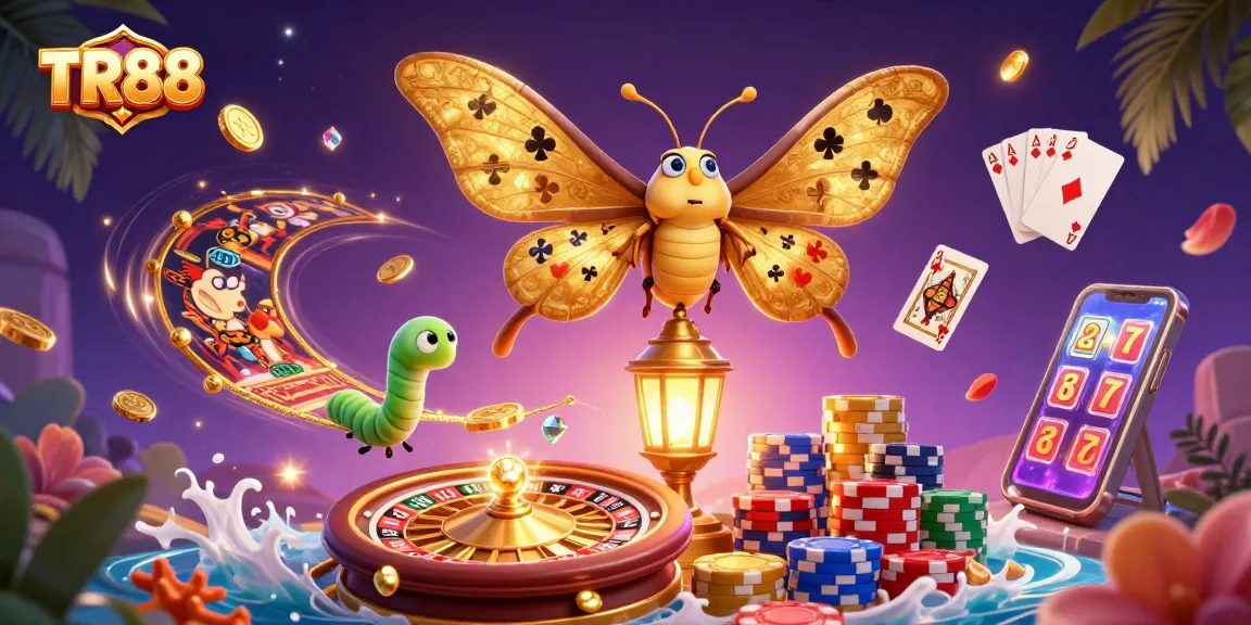 TR88 showcases a vibrant 3D casino scene with a mystical atlas moth and golden casino treasures.
