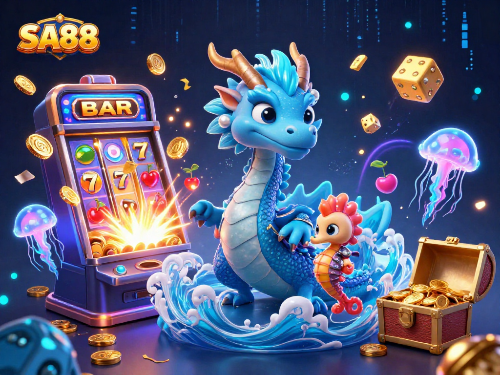 Engage in thrilling gameplay at SA88 with a captivating 3D illustration of a dragon and casino elements.