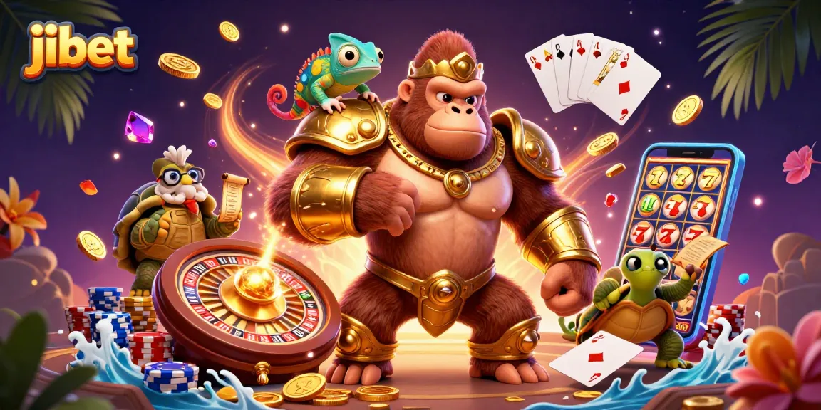 Experience jibet's thrilling gaming atmosphere with a powerful gorilla, clever chameleon, and wise tortoise surrounded by vibrant casino elements.