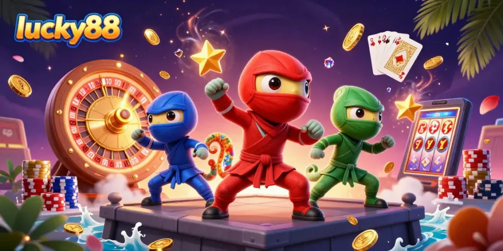 Experience excitement with lucky88 as chameleon ninjas engage in casino-themed action.