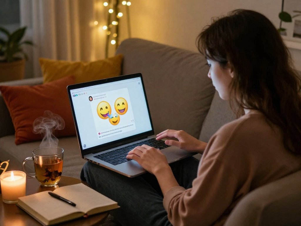 Engaging sex chat conversation in a cozy home setting with warm lighting, personal touches.